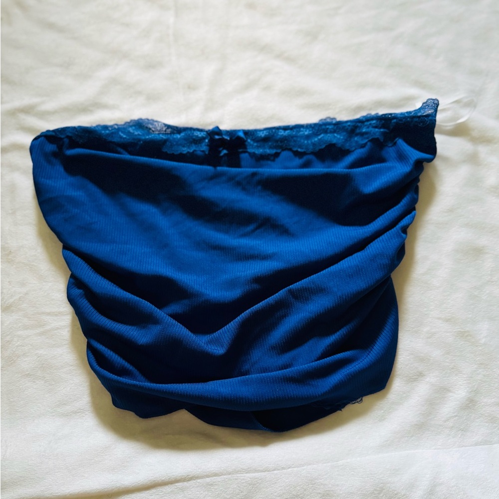 Blue Strapless Top with Lace Trim